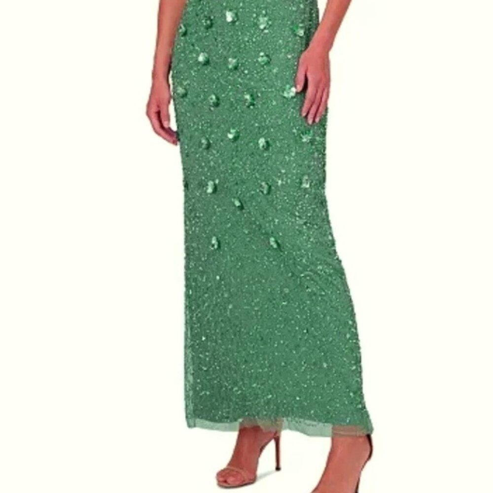 Adrianna Papell Green Slate 3-D Floral Beaded Evening Gown Dress - Picture 2 of 4